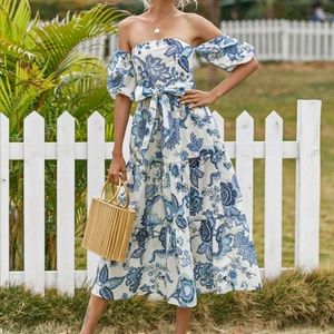 Blue, off-the-shoulder floral midi dress